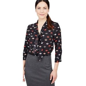 ModCloth Black Umbrella Print Scarf Tie Neckline Blouse 3/4 Sleeve Size Medium